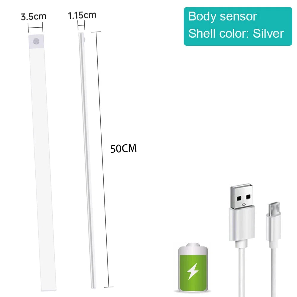 LED Under Cabinet Bar Light — Motion Sensor, Rechargeable, Magnetic Mount, Aluminum, Kitchen Closet