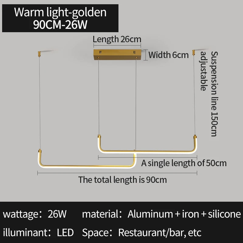 Gold Pendant Light — 26W Dimmable Linear Dining Room Chandelier, Adjustable Height, Gold Black