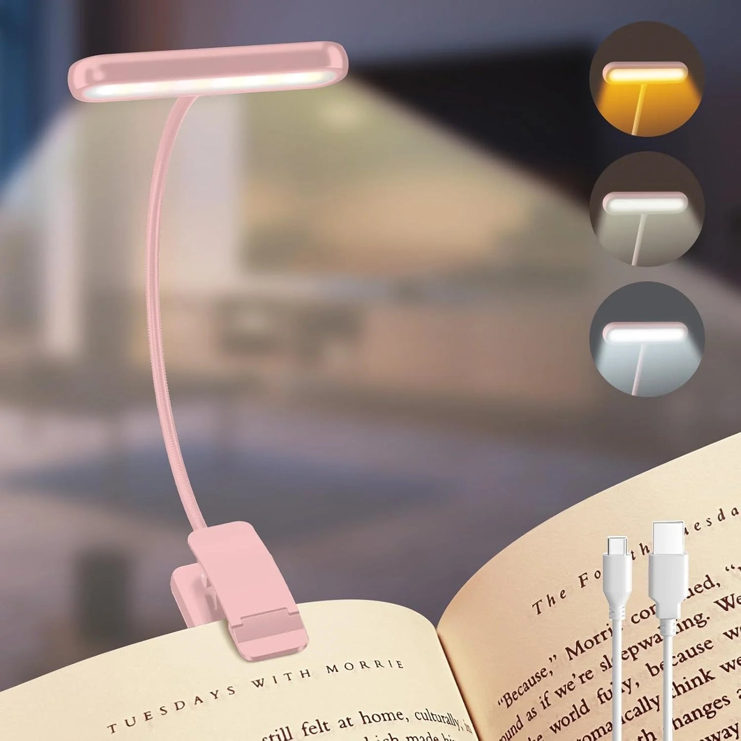 LED Book Light — USB Rechargeable, 3 Color Temps, Flexible Clip, Portable Reading Lamp