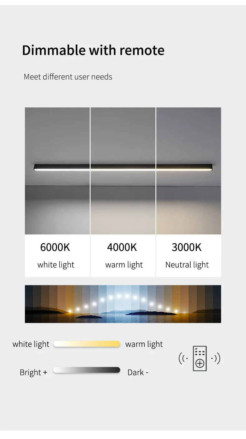 LED Ceiling Light — Linear Strip Flush Mount, Dimmable Remote, Black, Kitchen Dining Bedroom