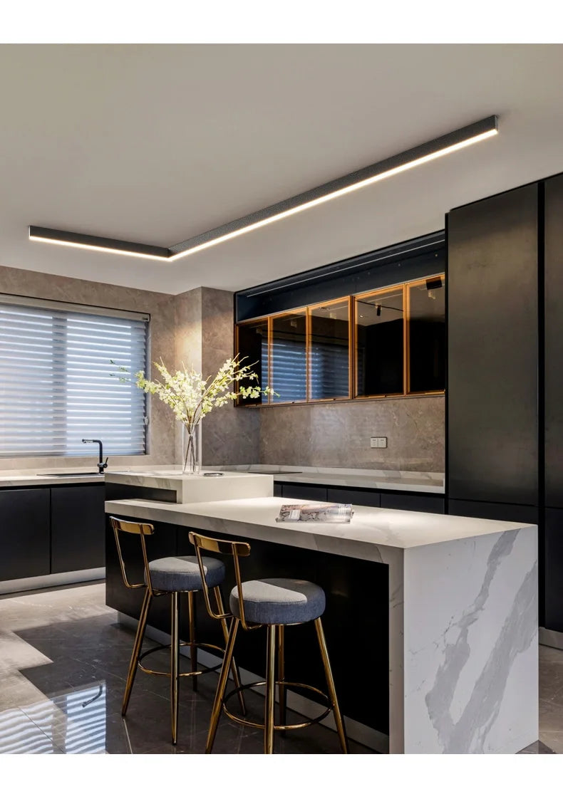 LED Ceiling Light — Linear Strip Flush Mount, Dimmable Remote, Black, Kitchen Dining Bedroom