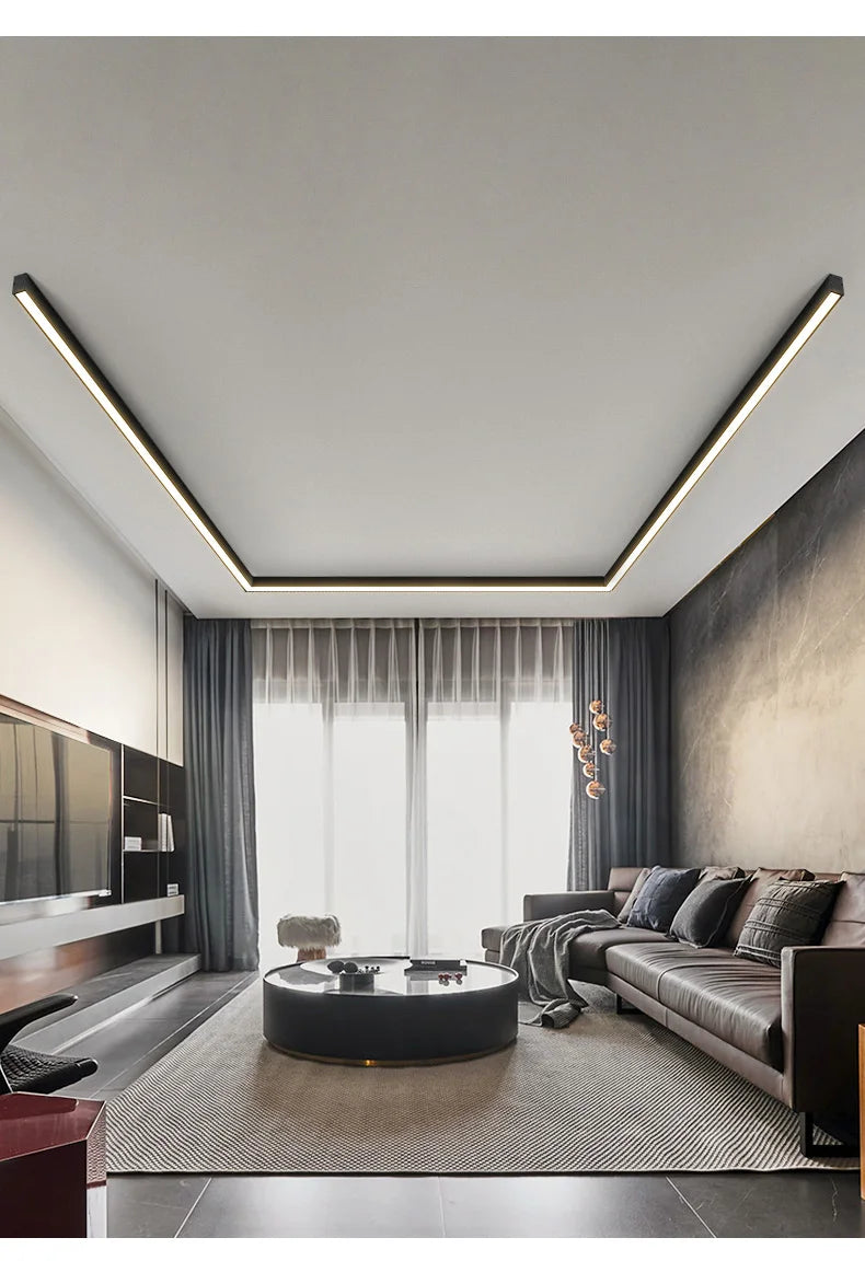 LED Ceiling Light — Linear Strip Flush Mount, Dimmable Remote, Black, Kitchen Dining Bedroom