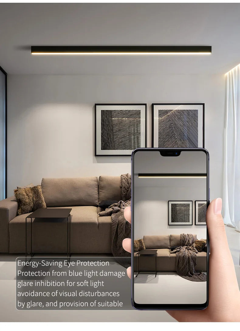 LED Ceiling Light — Linear Strip Flush Mount, Dimmable Remote, Black, Kitchen Dining Bedroom