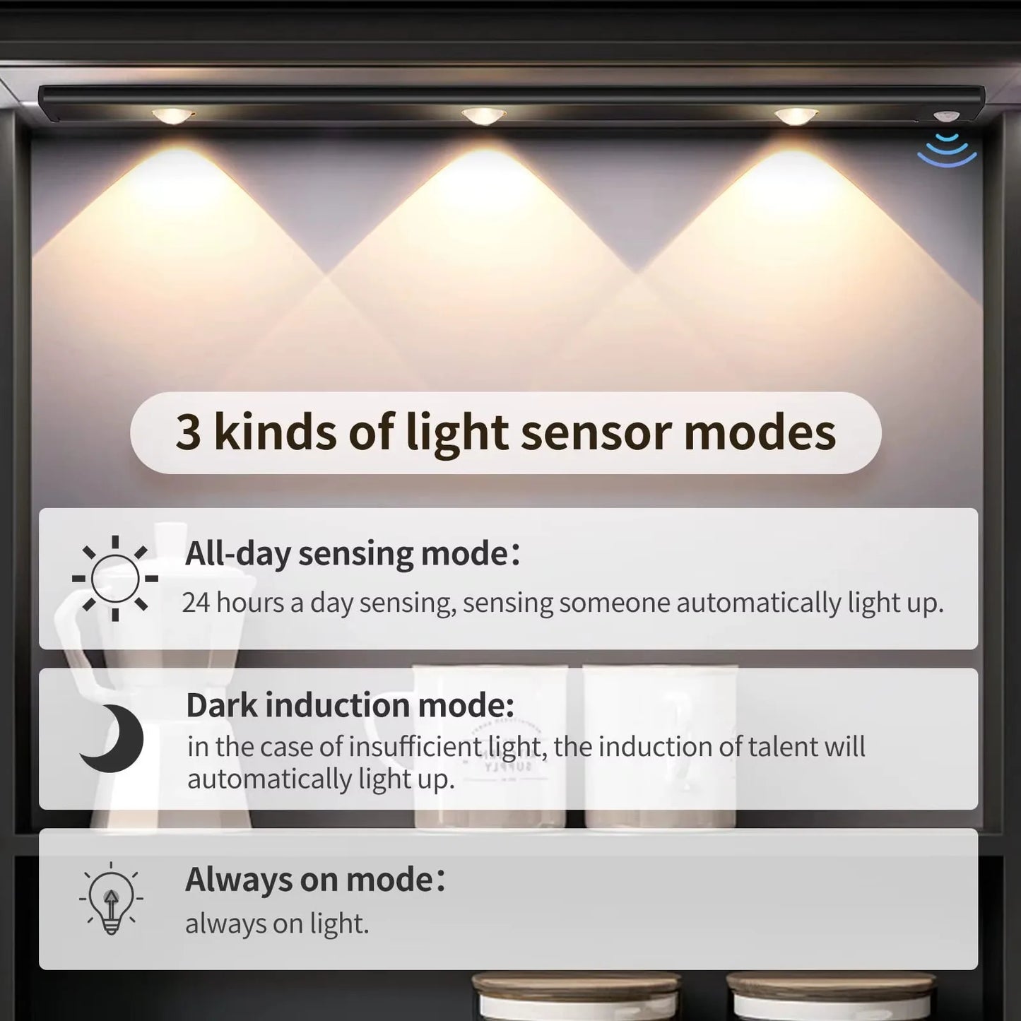 LED Under Cabinet Light — Motion Sensor, 3 Color Temps, Dimmable, Rechargeable, Kitchen Wardrobe