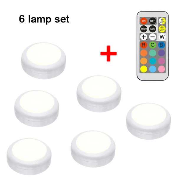RGB LED Puck Light — Remote Control, 13 Colors, Dimmable, Battery Powered, Cabinet Closet Kitchen