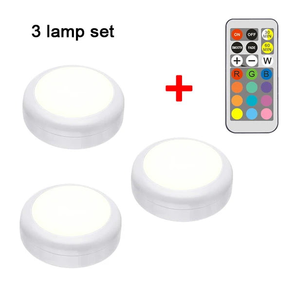 RGB LED Puck Light — Remote Control, 13 Colors, Dimmable, Battery Powered, Cabinet Closet Kitchen