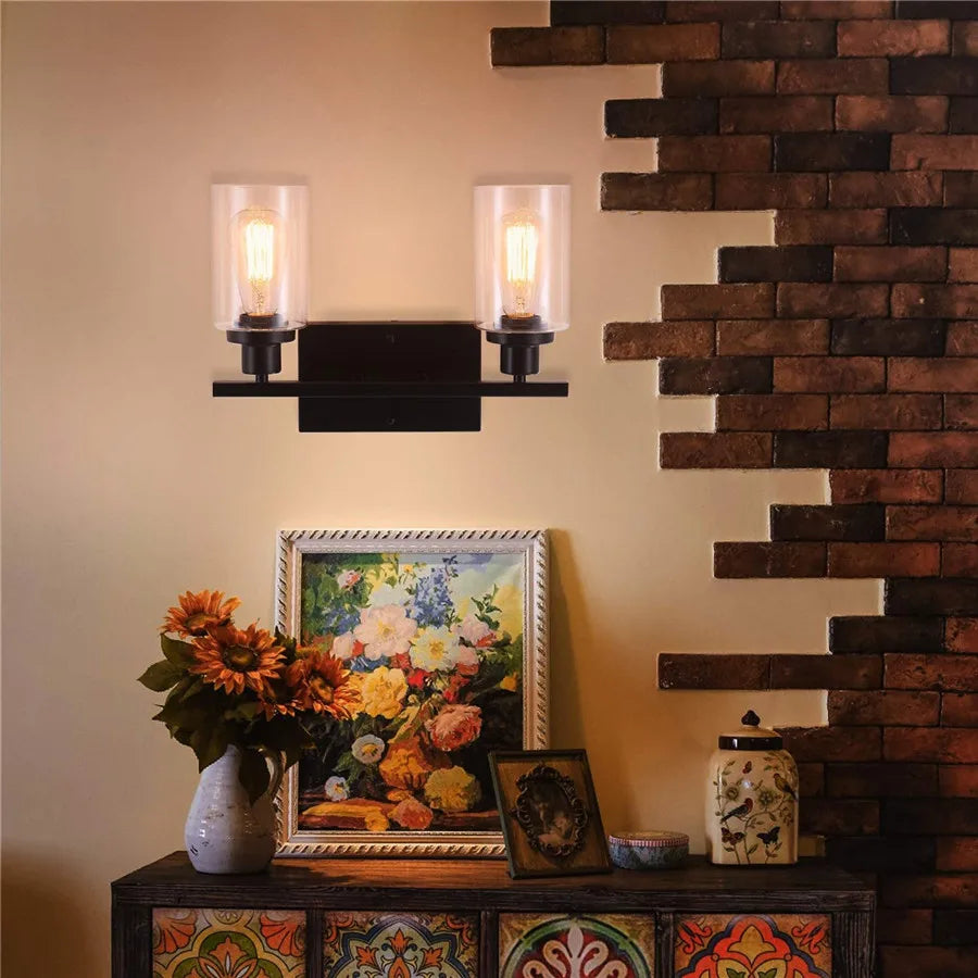 Bathroom Vanity Wall Sconce — 2-Light Vintage Industrial Glass Fixture, Matte Black