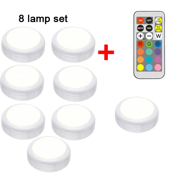 RGB LED Puck Light — Remote Control, 13 Colors, Dimmable, Battery Powered, Cabinet Closet Kitchen