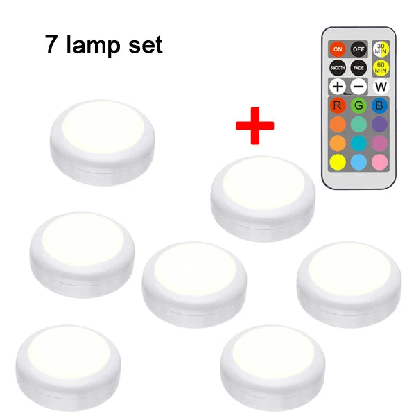 RGB LED Puck Light — Remote Control, 13 Colors, Dimmable, Battery Powered, Cabinet Closet Kitchen