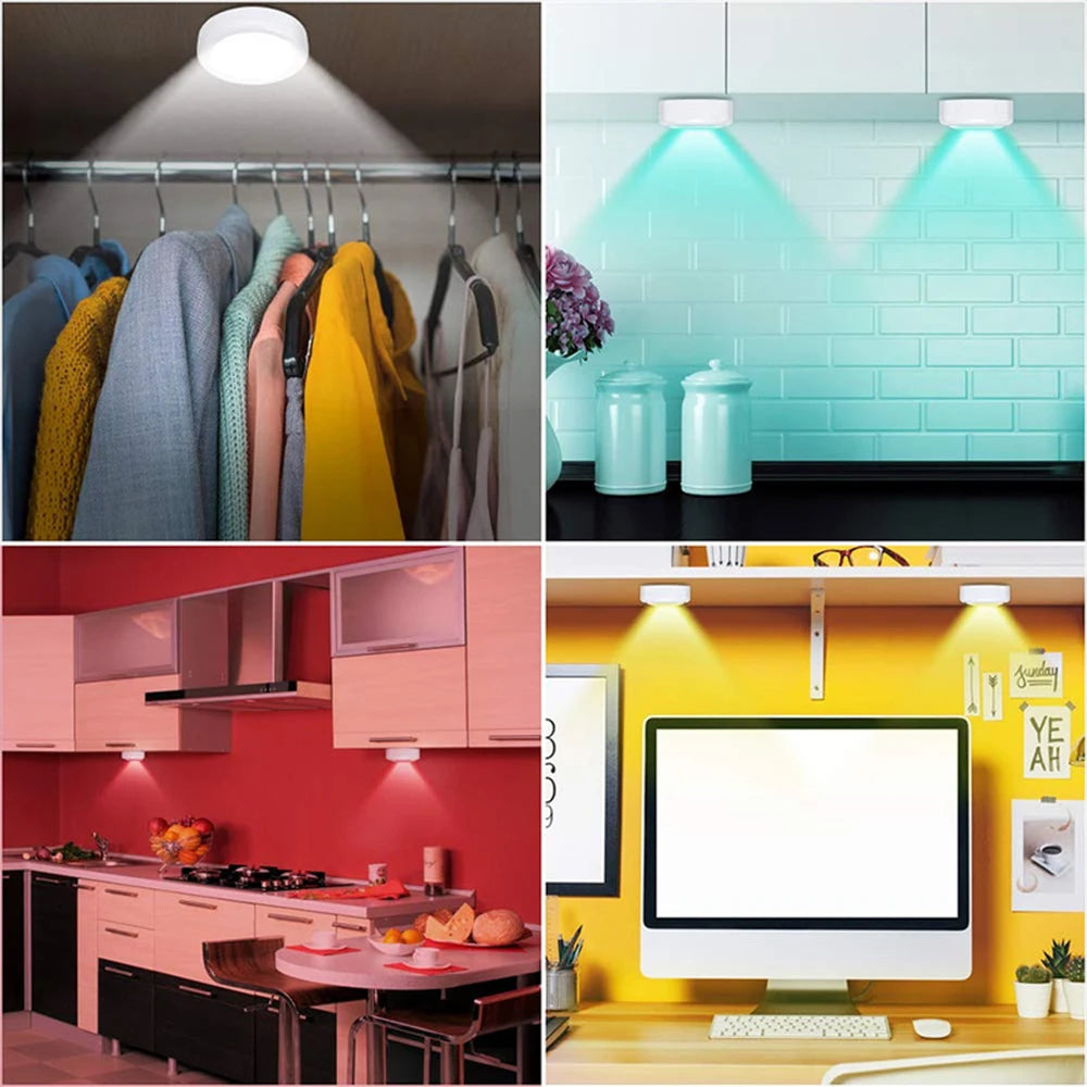 RGB LED Puck Light — Remote Control, 13 Colors, Dimmable, Battery Powered, Cabinet Closet Kitchen