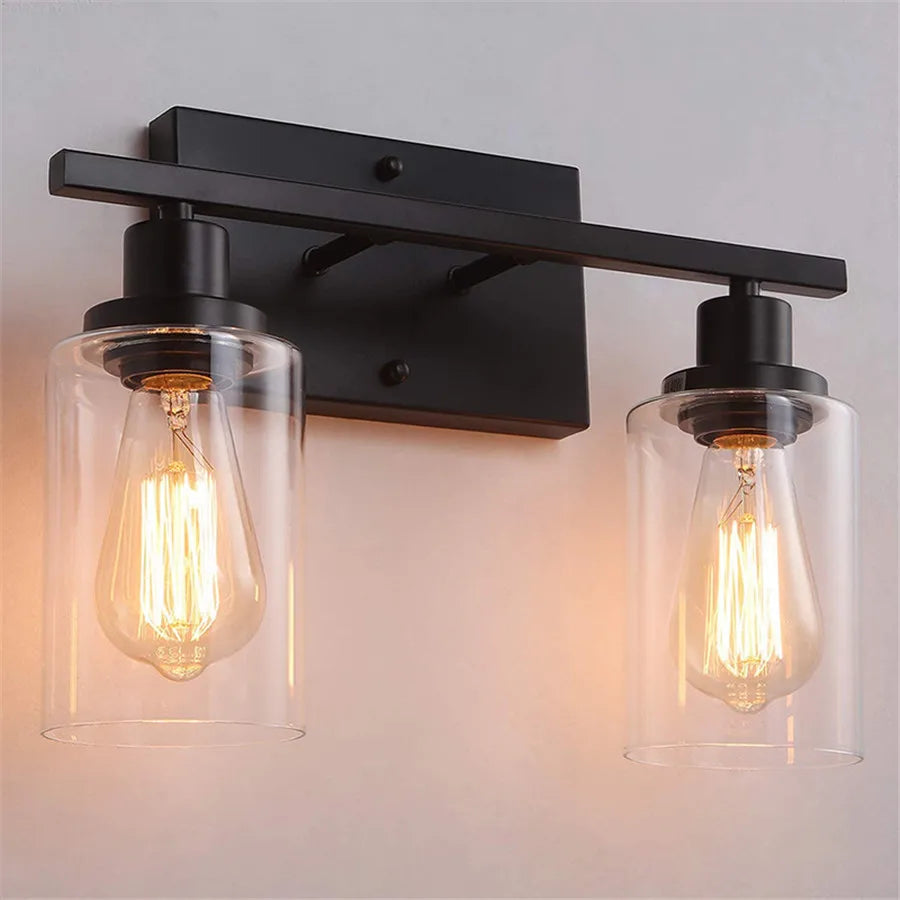 Bathroom Vanity Wall Sconce — 2-Light Vintage Industrial Glass Fixture, Matte Black
