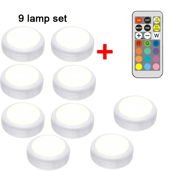 RGB LED Puck Light — Remote Control, 13 Colors, Dimmable, Battery Powered, Cabinet Closet Kitchen