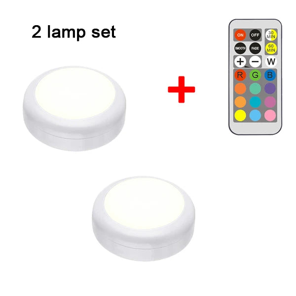 RGB LED Puck Light — Remote Control, 13 Colors, Dimmable, Battery Powered, Cabinet Closet Kitchen