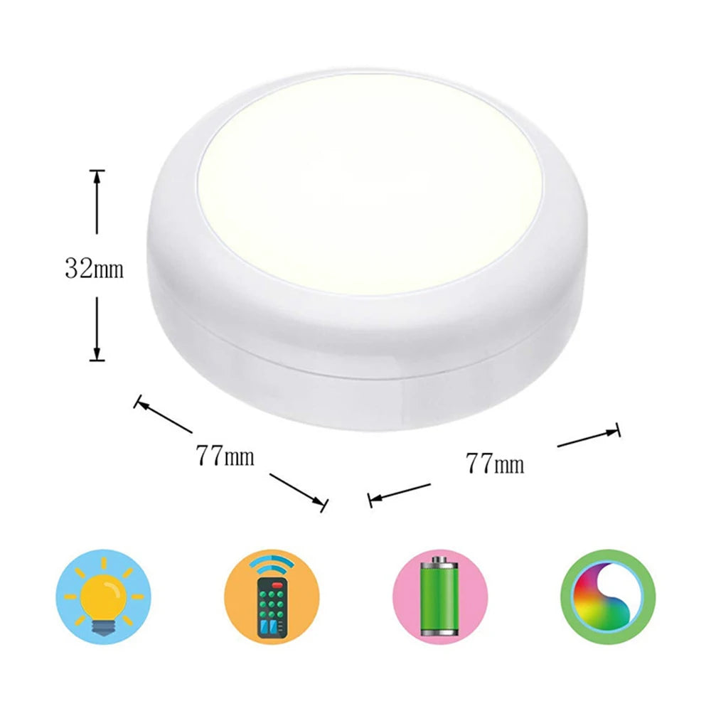 RGB LED Puck Light — Remote Control, 13 Colors, Dimmable, Battery Powered, Cabinet Closet Kitchen