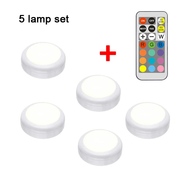 RGB LED Puck Light — Remote Control, 13 Colors, Dimmable, Battery Powered, Cabinet Closet Kitchen