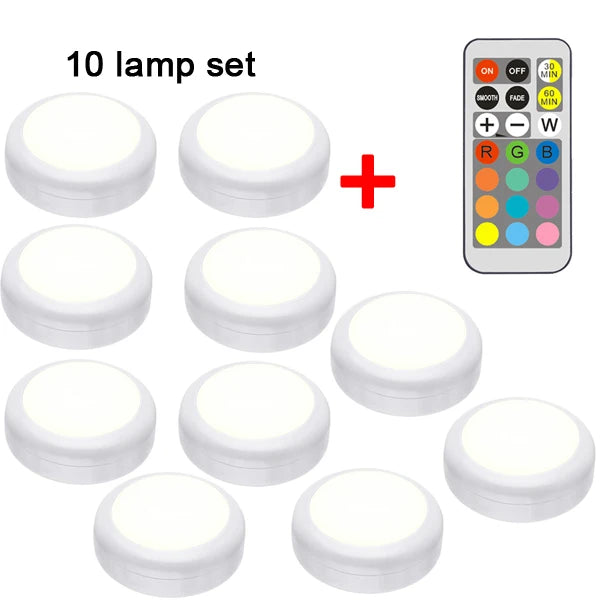 RGB LED Puck Light — Remote Control, 13 Colors, Dimmable, Battery Powered, Cabinet Closet Kitchen