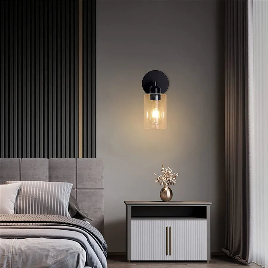 Bathroom Vanity Wall Sconce — 2-Light Vintage Industrial Glass Fixture, Matte Black