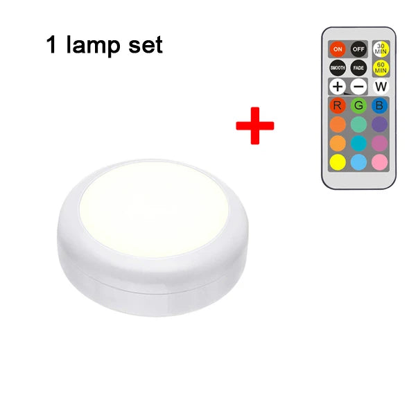 RGB LED Puck Light — Remote Control, 13 Colors, Dimmable, Battery Powered, Cabinet Closet Kitchen