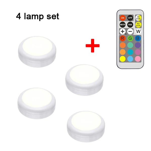 RGB LED Puck Light — Remote Control, 13 Colors, Dimmable, Battery Powered, Cabinet Closet Kitchen
