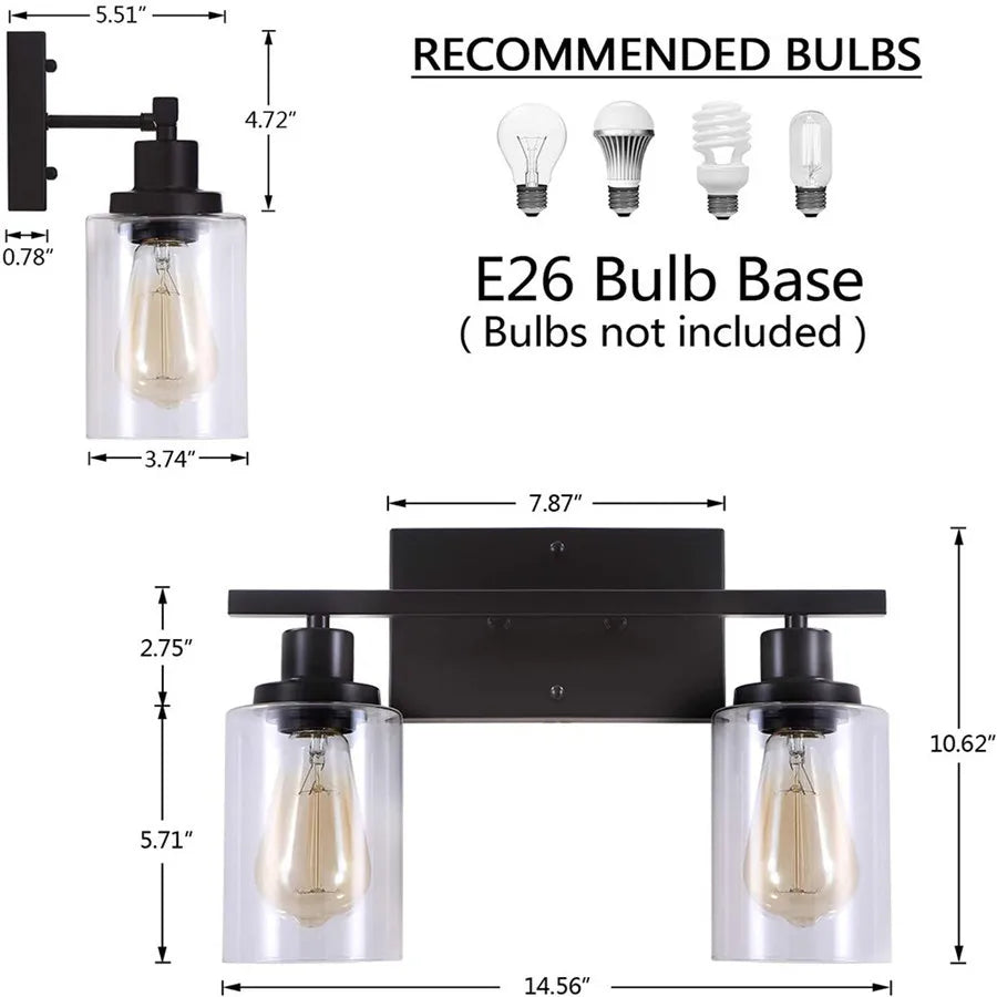 Bathroom Vanity Wall Sconce — 2-Light Vintage Industrial Glass Fixture, Matte Black