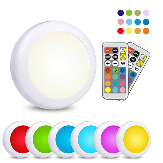 RGB LED Puck Light — Remote Control, 13 Colors, Dimmable, Battery Powered, Cabinet Closet Kitchen