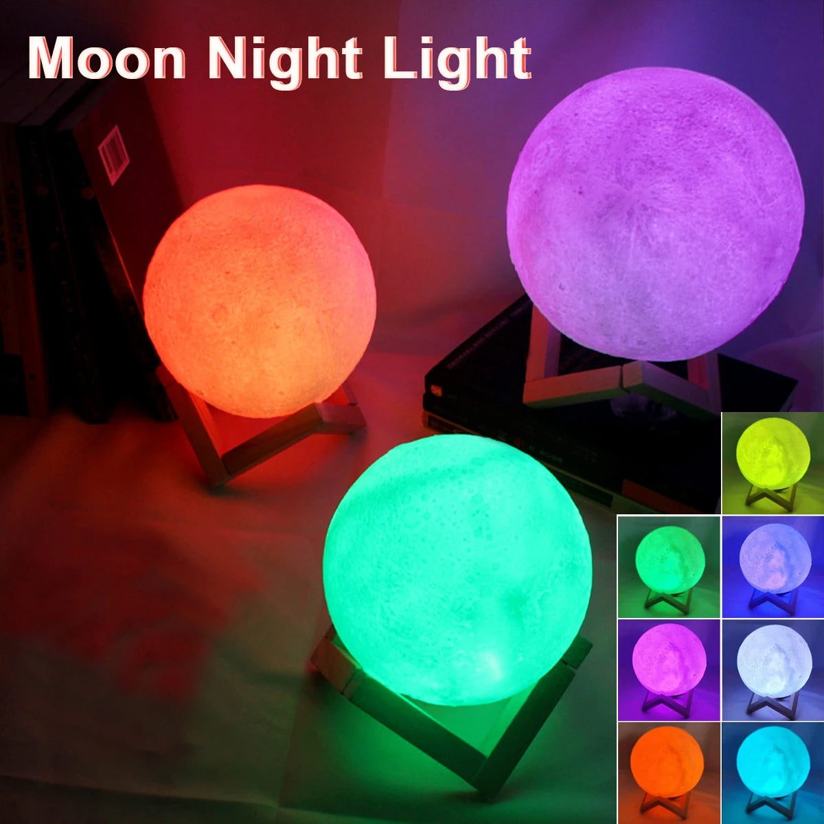 LED Moon Lamp Night Light — Battery Powered, Stand Included, Bedroom Decor Kids Gift
