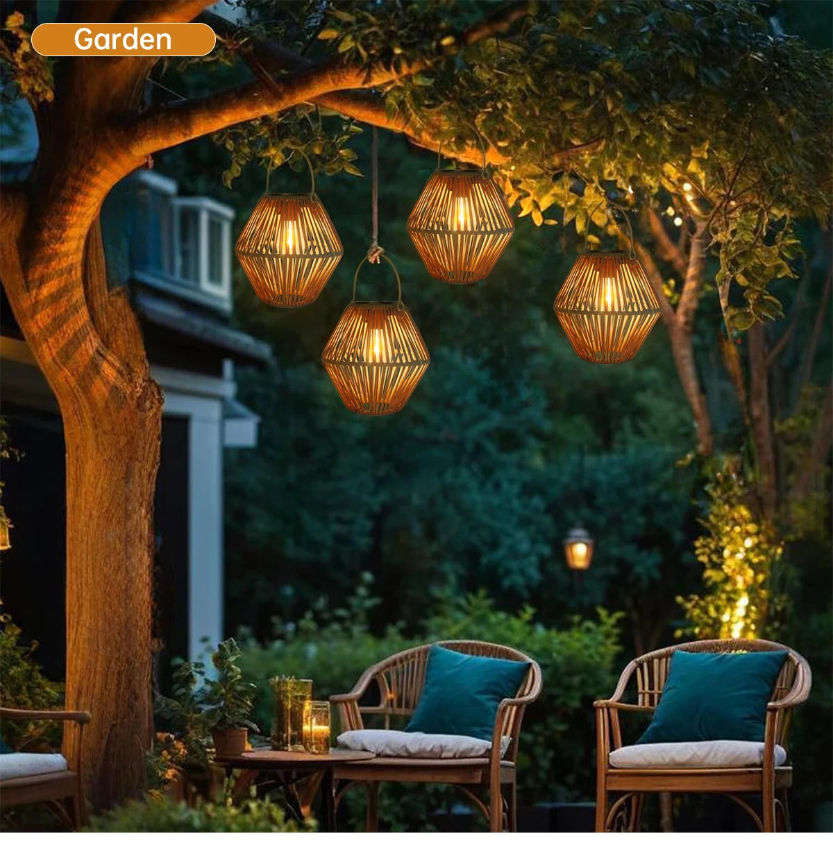 Solar Hanging Lantern — Waterproof Boho Woven Rattan Garden Light, Outdoor Patio Yard Decor