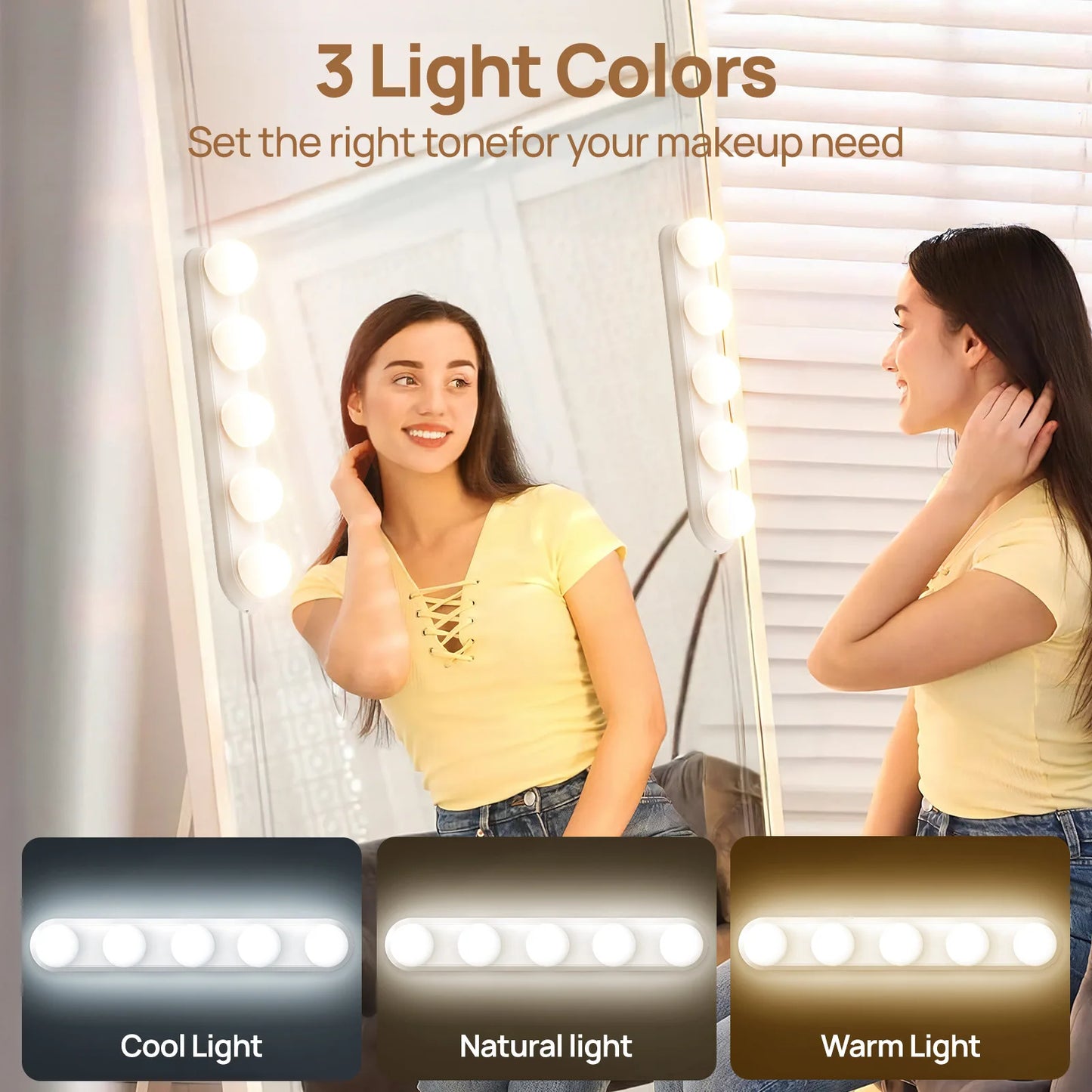 Vanity Mirror Light — USB Dimmable Makeup Lights, 3 Color Temps, Hollywood Style Bathroom