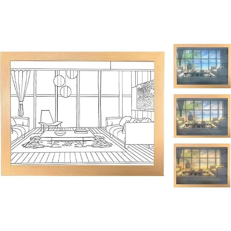 LED Art Painting Lamp — Dimmable 3 Color Modes, Wood Frame, USB, Bedroom Night Light