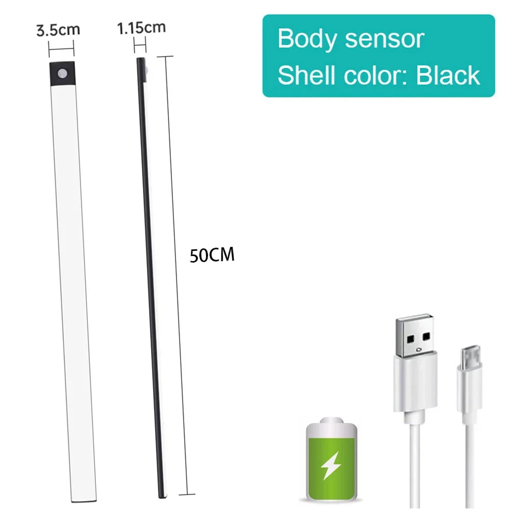 LED Under Cabinet Bar Light — Motion Sensor, Rechargeable, Magnetic Mount, Aluminum, Kitchen Closet