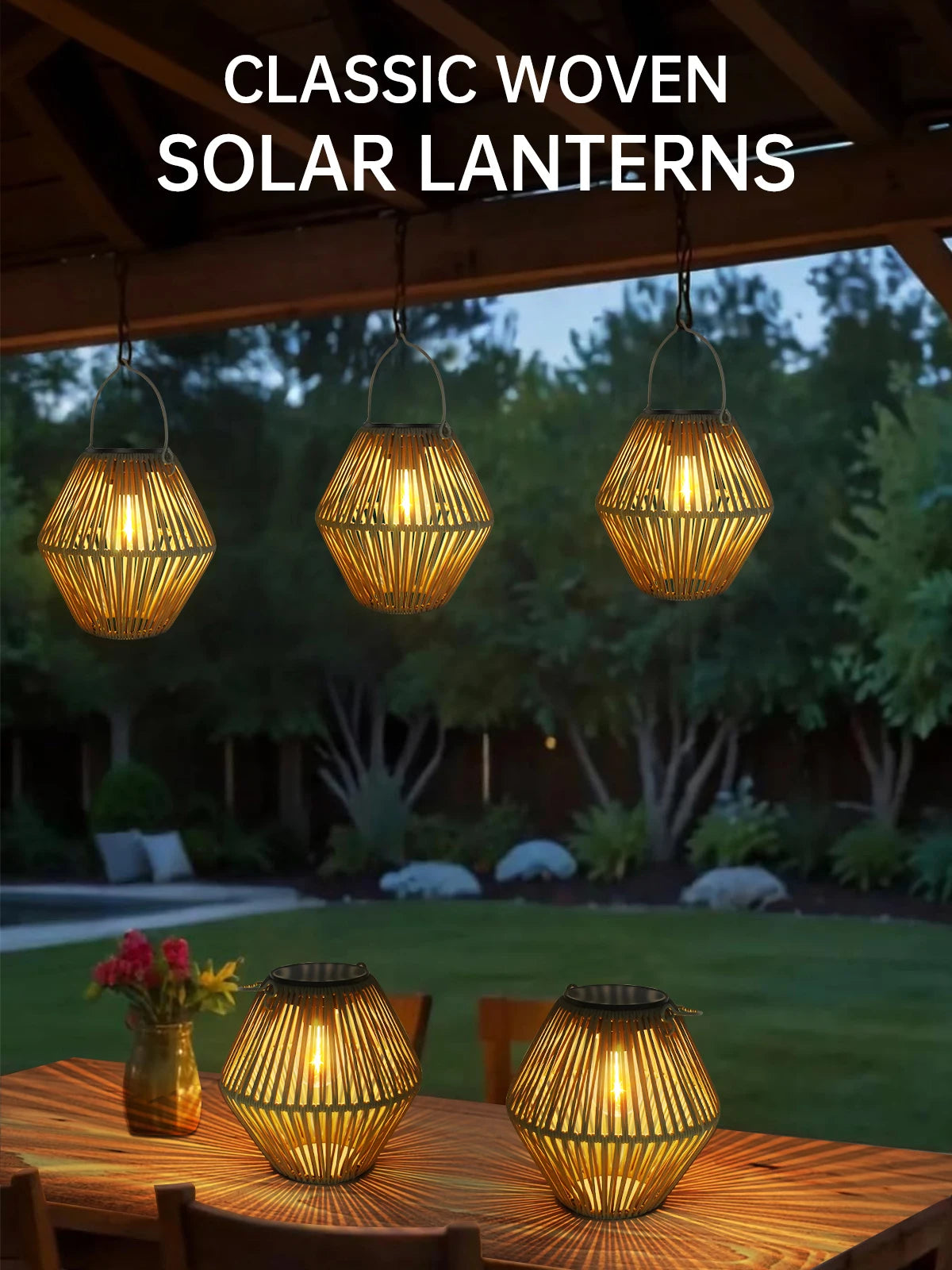 Solar Hanging Lantern — Waterproof Boho Woven Rattan Garden Light, Outdoor Patio Yard Decor