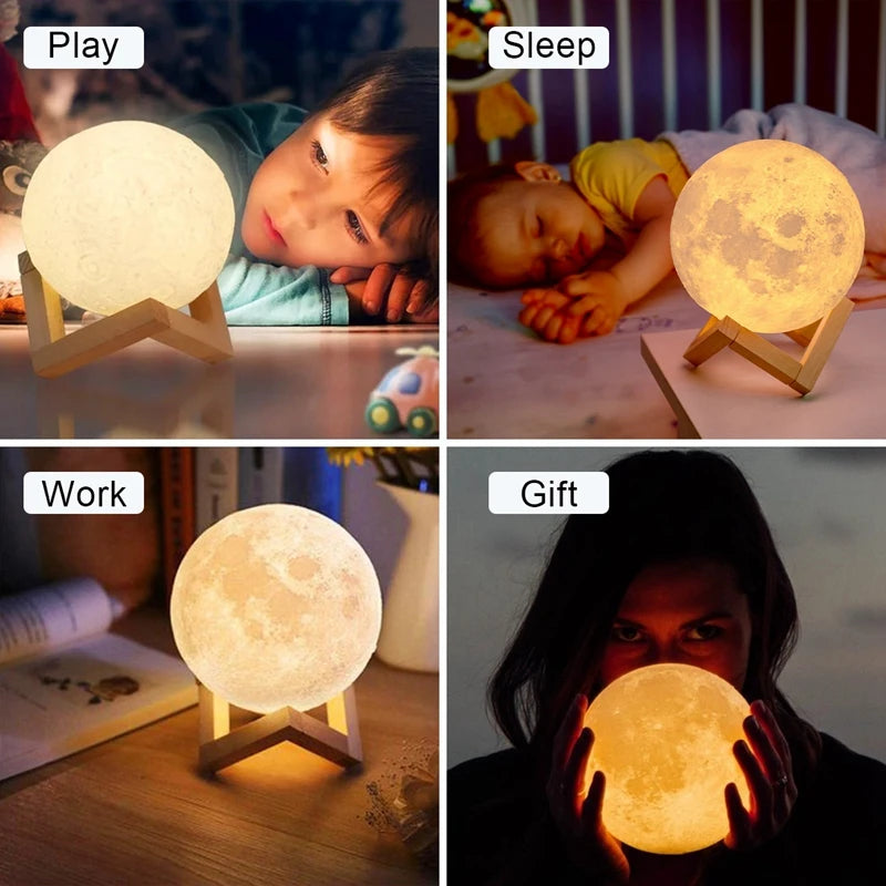 LED Moon Lamp Night Light — Battery Powered, Stand Included, Bedroom Decor Kids Gift