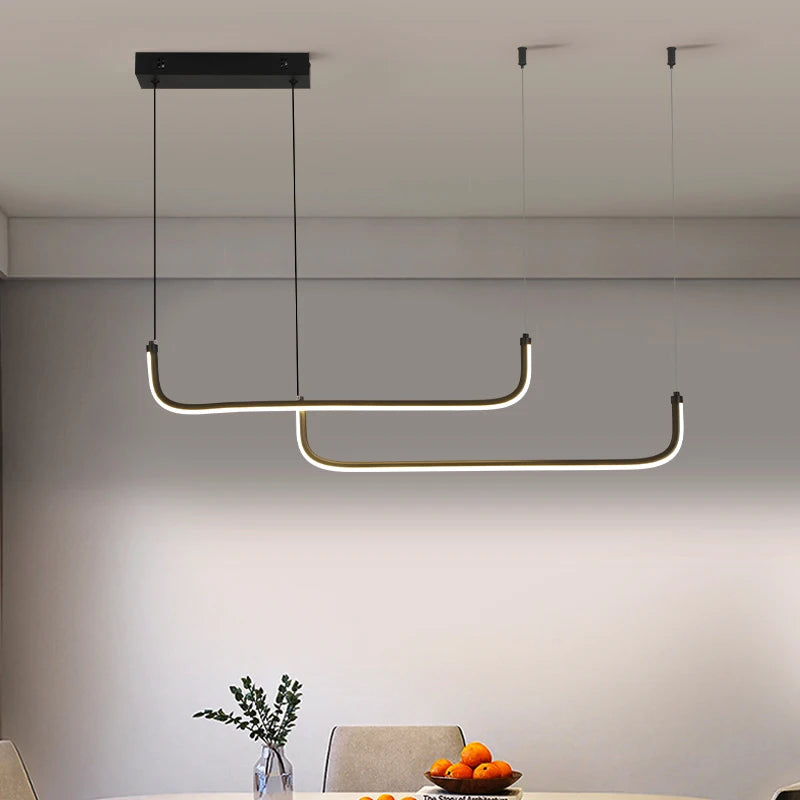 Gold Pendant Light — 26W Dimmable Linear Dining Room Chandelier, Adjustable Height, Gold Black