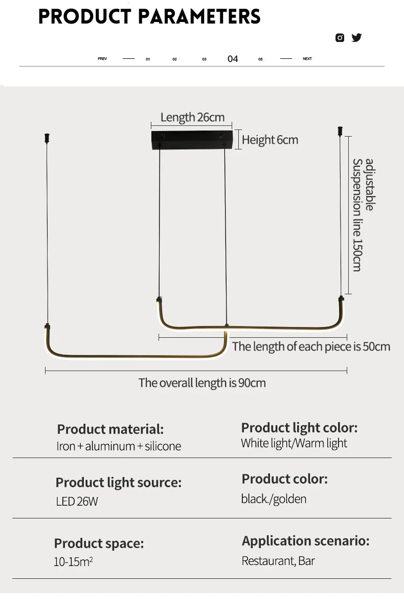 Gold Pendant Light — 26W Dimmable Linear Dining Room Chandelier, Adjustable Height, Gold Black