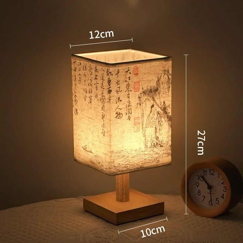 LED Bedside Table Lamp — Dimmable Wood & Linen Fabric Shade, Chinese Style, USB Plug