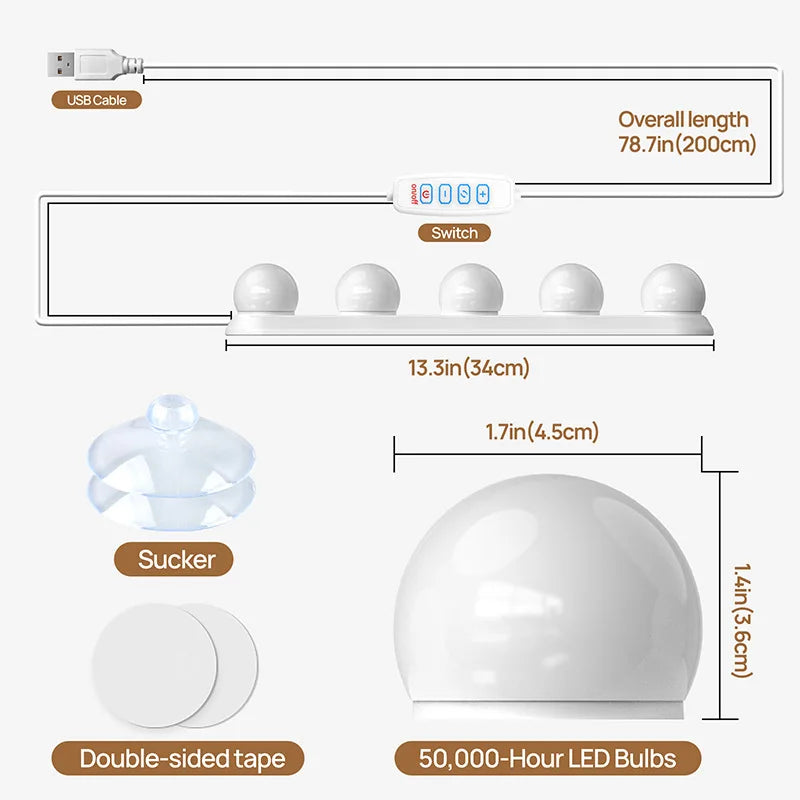 Vanity Mirror Light — USB Dimmable Makeup Lights, 3 Color Temps, Hollywood Style Bathroom
