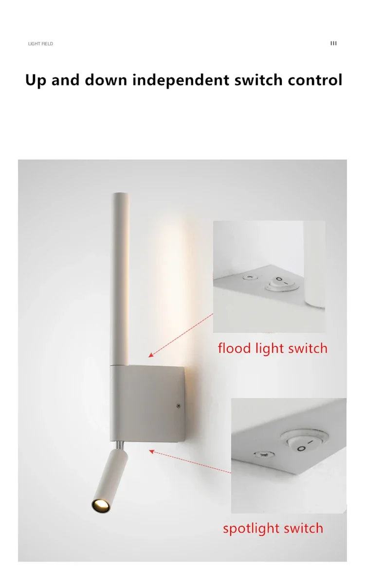LED Wall Sconce — Adjustable Rotating Bedside Wall Light, Dimmable, Black White, Modern Indoor