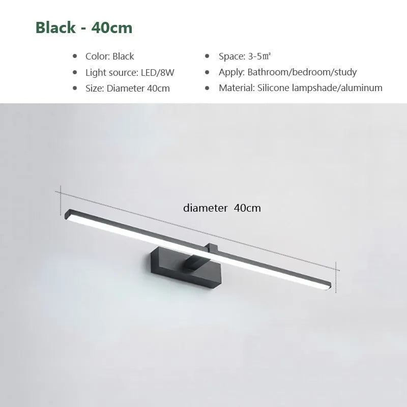 Bathroom Vanity Mirror Wall Light — Touch Switch, Slim Aluminum, Makeup Light, Black White