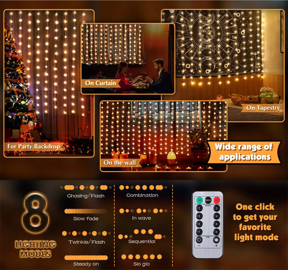 LED Fairy String Curtain Lights — 8 Mode Remote Control, USB, Bedroom Holiday Decor