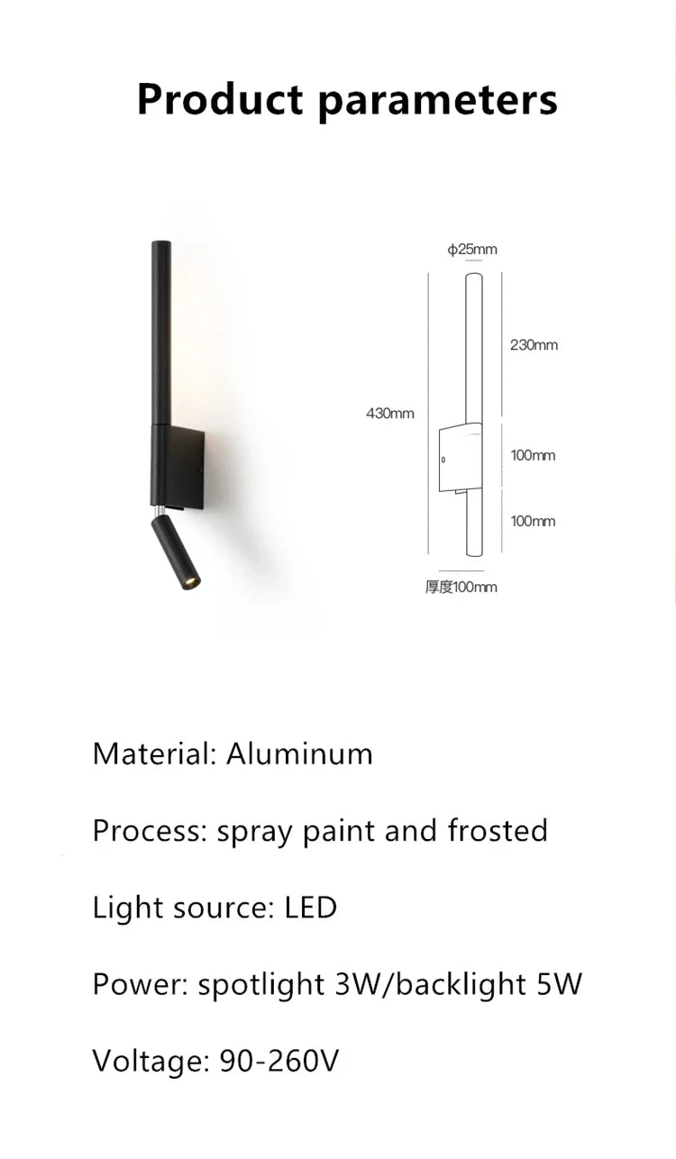 LED Wall Sconce — Adjustable Rotating Bedside Wall Light, Dimmable, Black White, Modern Indoor