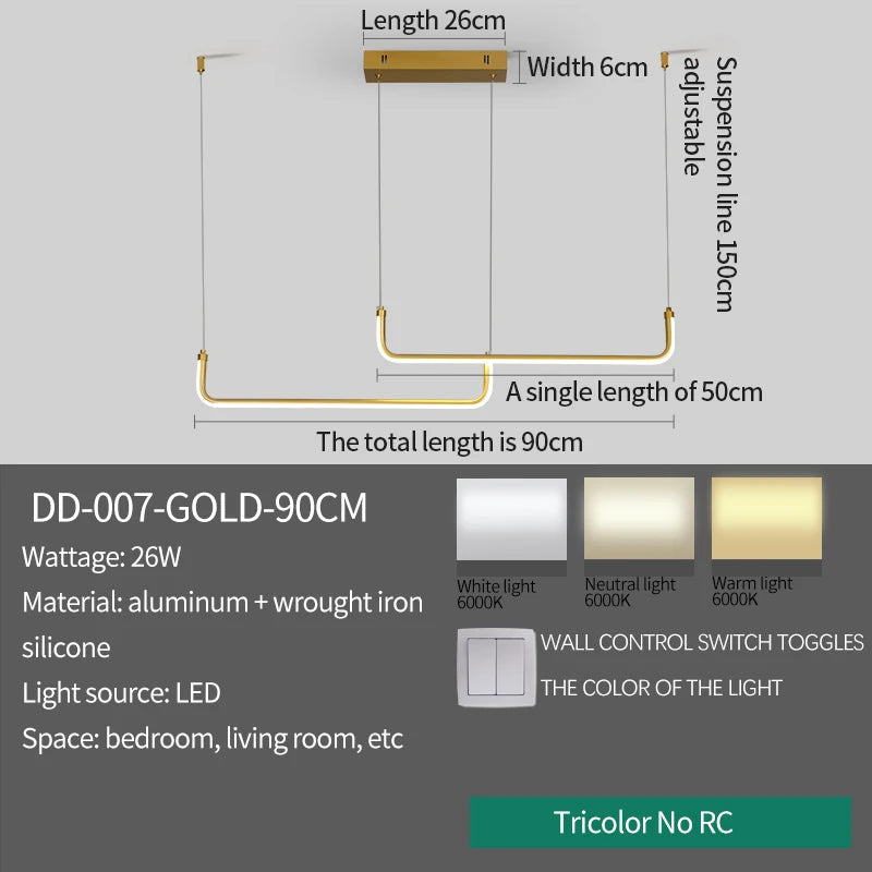 Gold Pendant Light — 26W Dimmable Linear Dining Room Chandelier, Adjustable Height, Gold Black