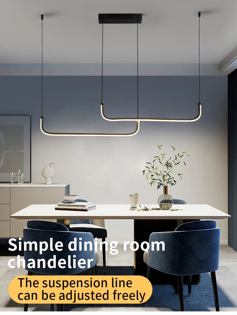 Gold Pendant Light — 26W Dimmable Linear Dining Room Chandelier, Adjustable Height, Gold Black