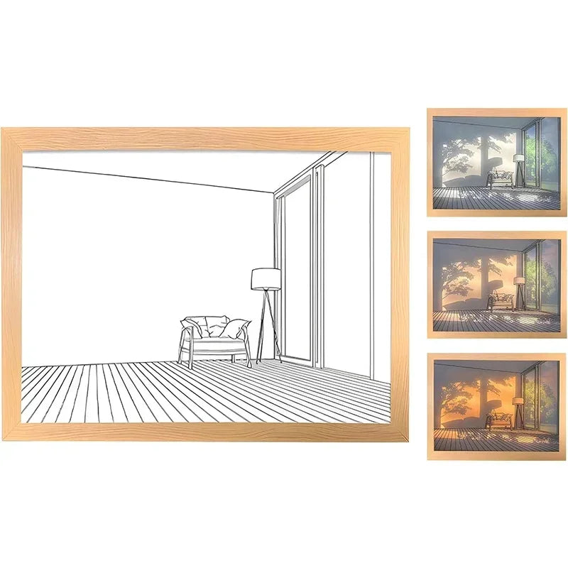 LED Art Painting Lamp — Dimmable 3 Color Modes, Wood Frame, USB, Bedroom Night Light