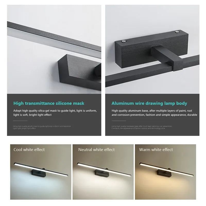 Bathroom Vanity Mirror Wall Light — Touch Switch, Slim Aluminum, Makeup Light, Black White