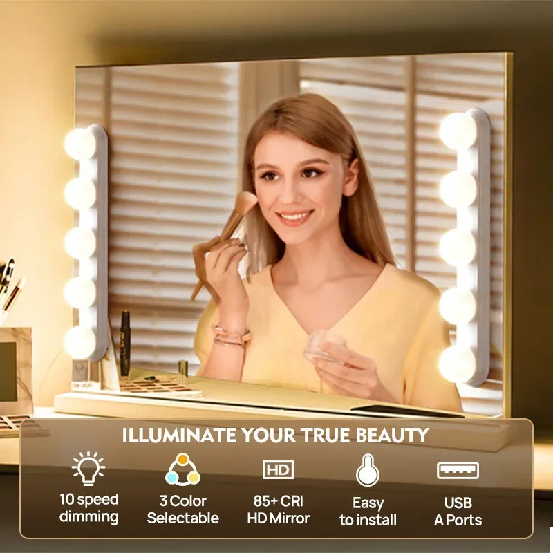Vanity Mirror Light — USB Dimmable Makeup Lights, 3 Color Temps, Hollywood Style Bathroom