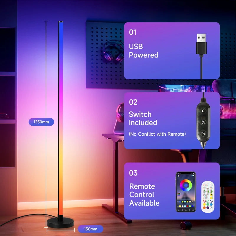 Floor Lamp — Dimmable USB Gooseneck Standing Light, RGB & White, Bedroom Living Room