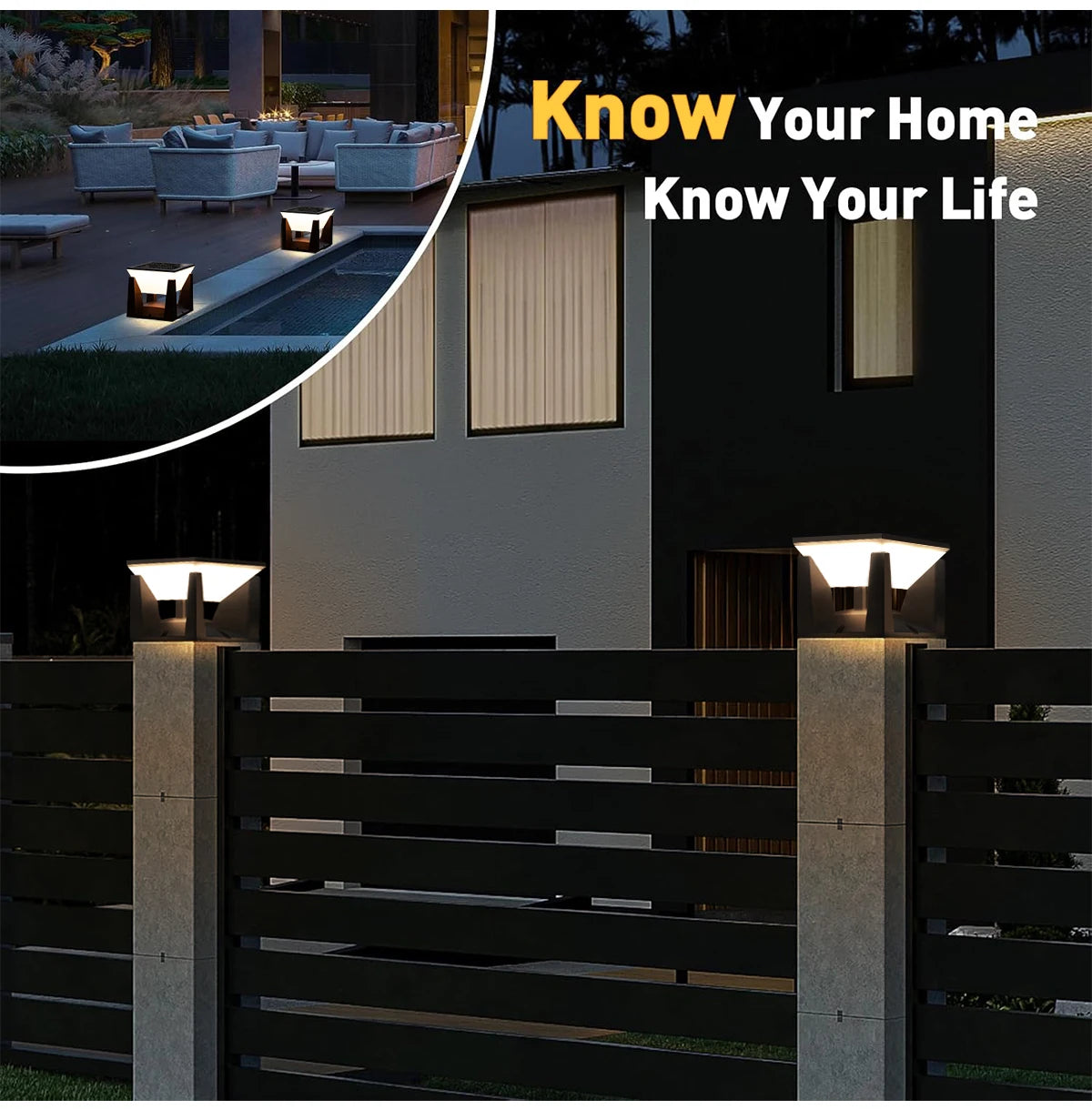 Solar Post Cap Light — Art Deco Flat Top Fence Pillar Light, IP65 Waterproof, 3 Sizes