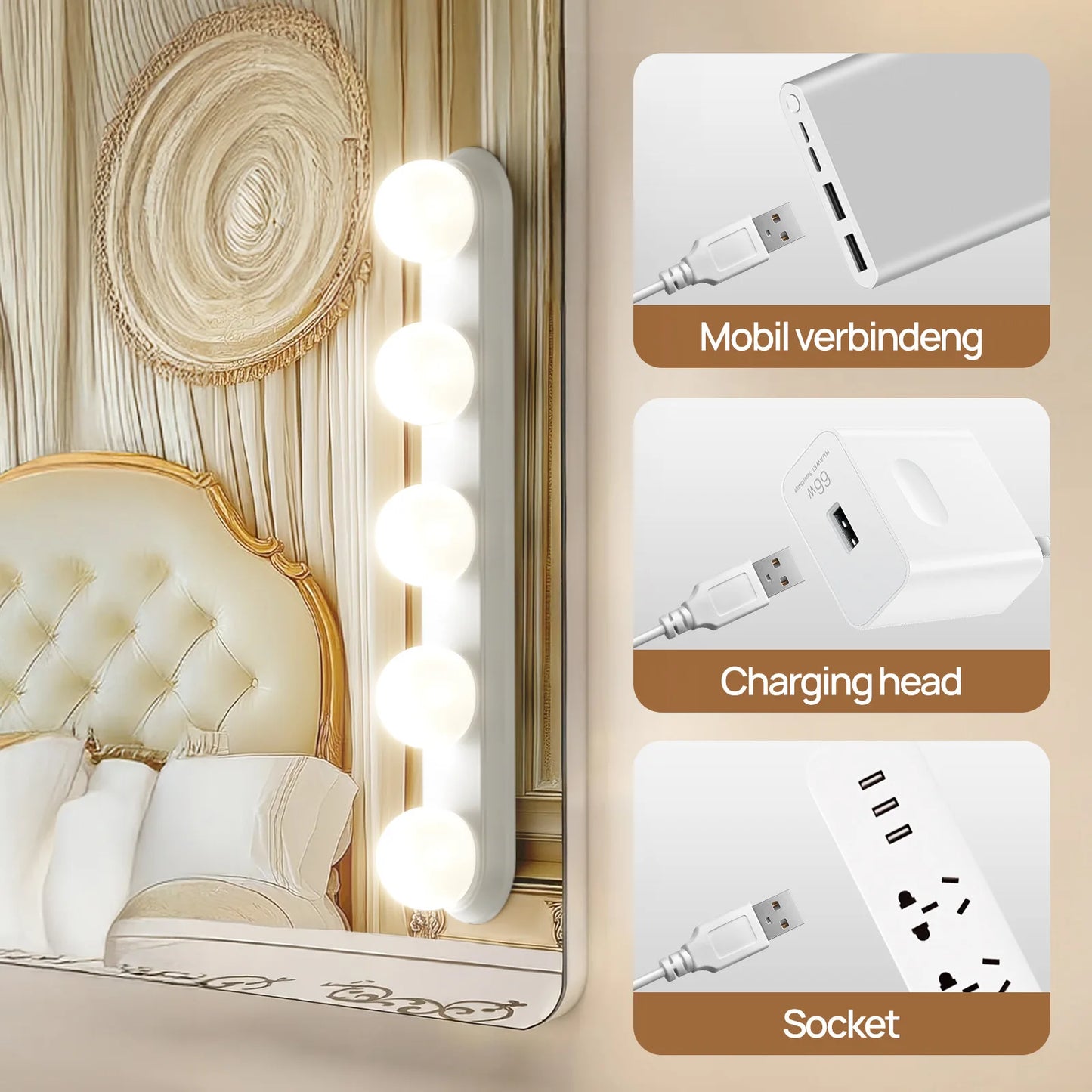 Vanity Mirror Light — USB Dimmable Makeup Lights, 3 Color Temps, Hollywood Style Bathroom