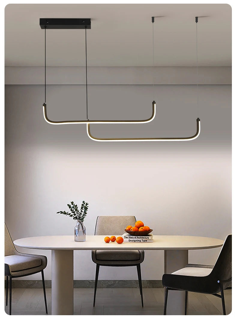 Gold Pendant Light — 26W Dimmable Linear Dining Room Chandelier, Adjustable Height, Gold Black
