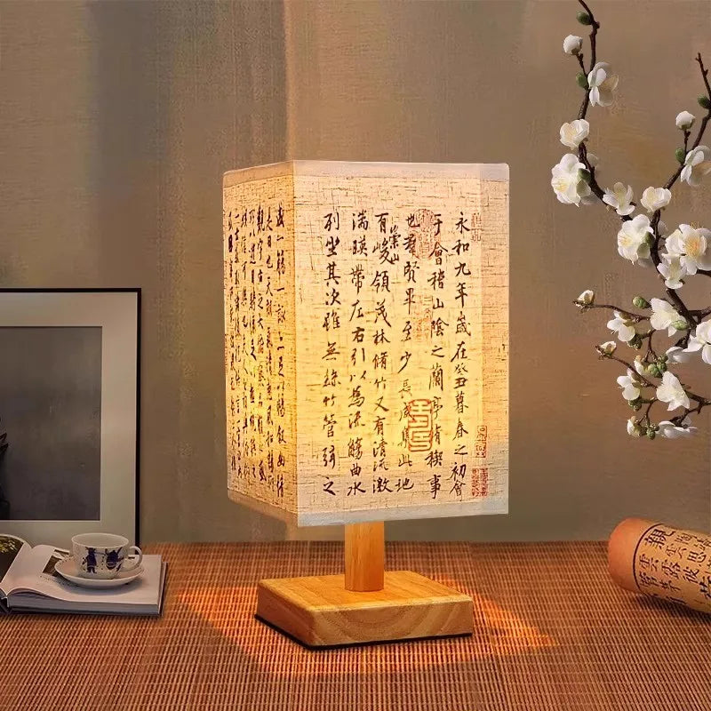LED Bedside Table Lamp — Dimmable Wood & Linen Fabric Shade, Chinese Style, USB Plug
